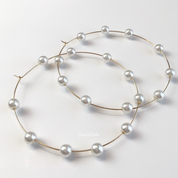 New Zara Large Threader Hoop Statement Earrings ~ Boho Pearl Accents ~ Hoops - Picture 4 of 14